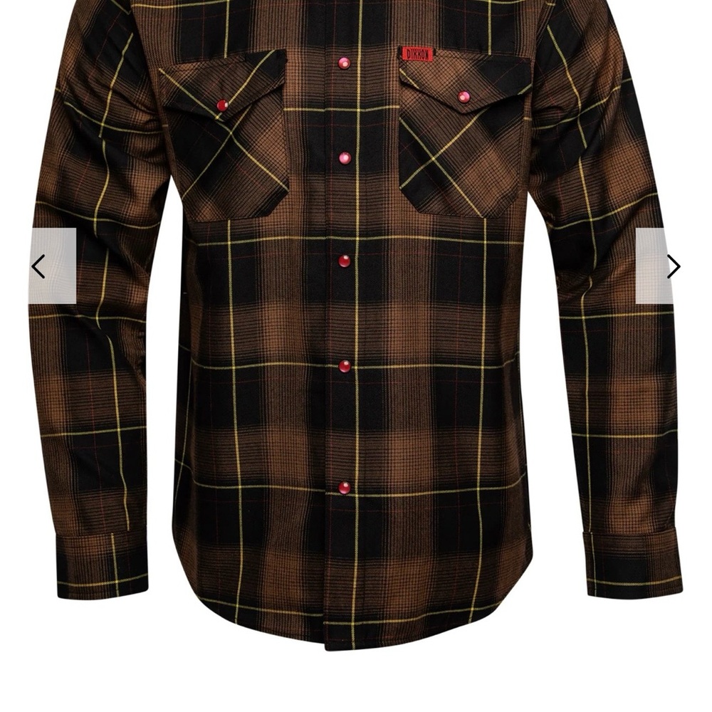 DIXXON Men’s Lg Brown and Black Plaid Shirt w/ Red Pearl Snaps